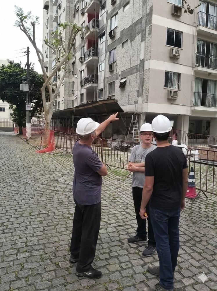 Eng. Kleber apontando para a fachada de um condomínio durante vistoria